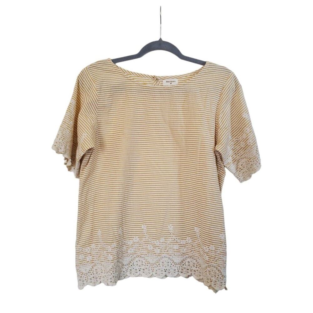 World Market Striped Embroidered Crochet Yellow & White Seersucker Top, Size S/M